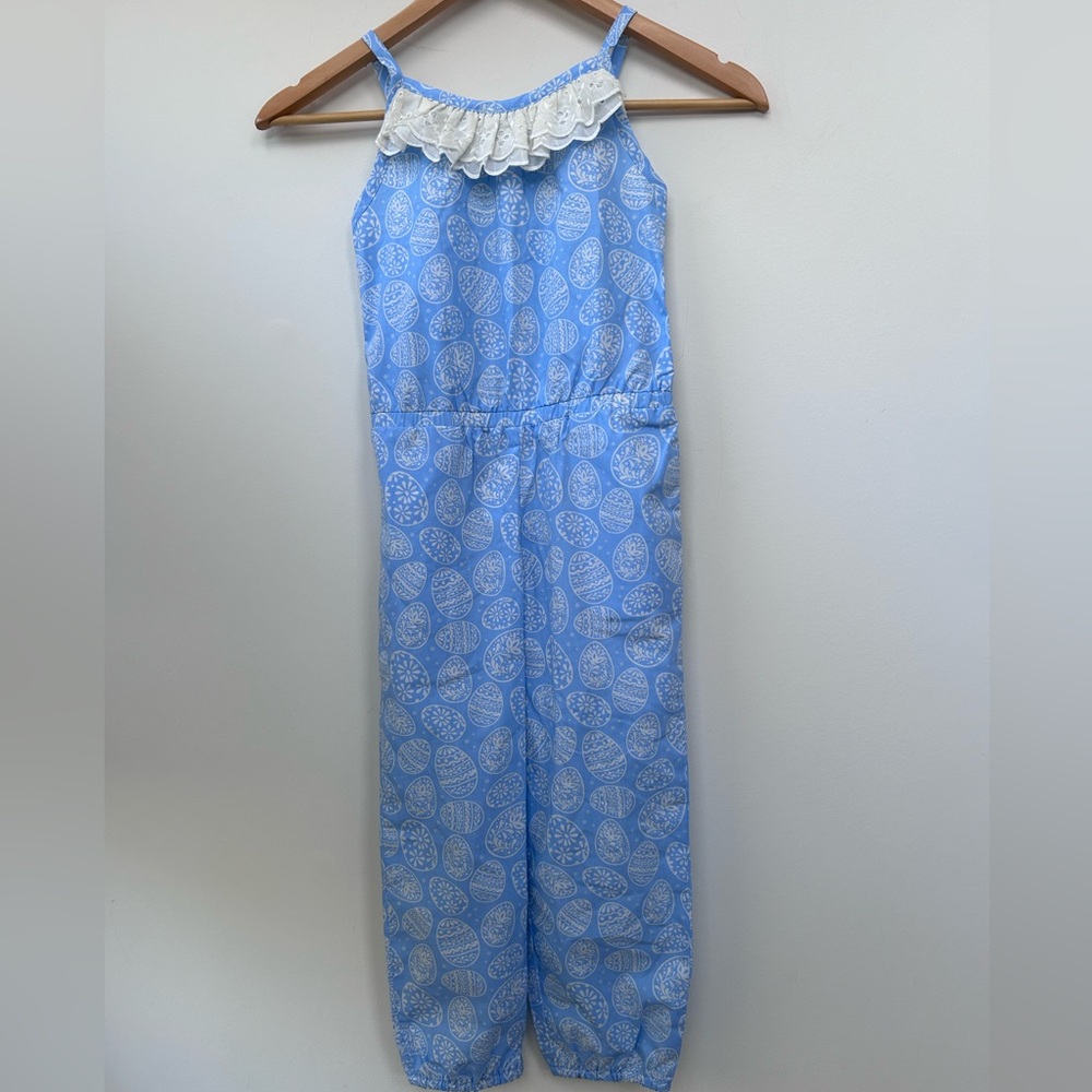 Eleanor Rose blue Easter egg print jumpsuit romper pants with white lace trim